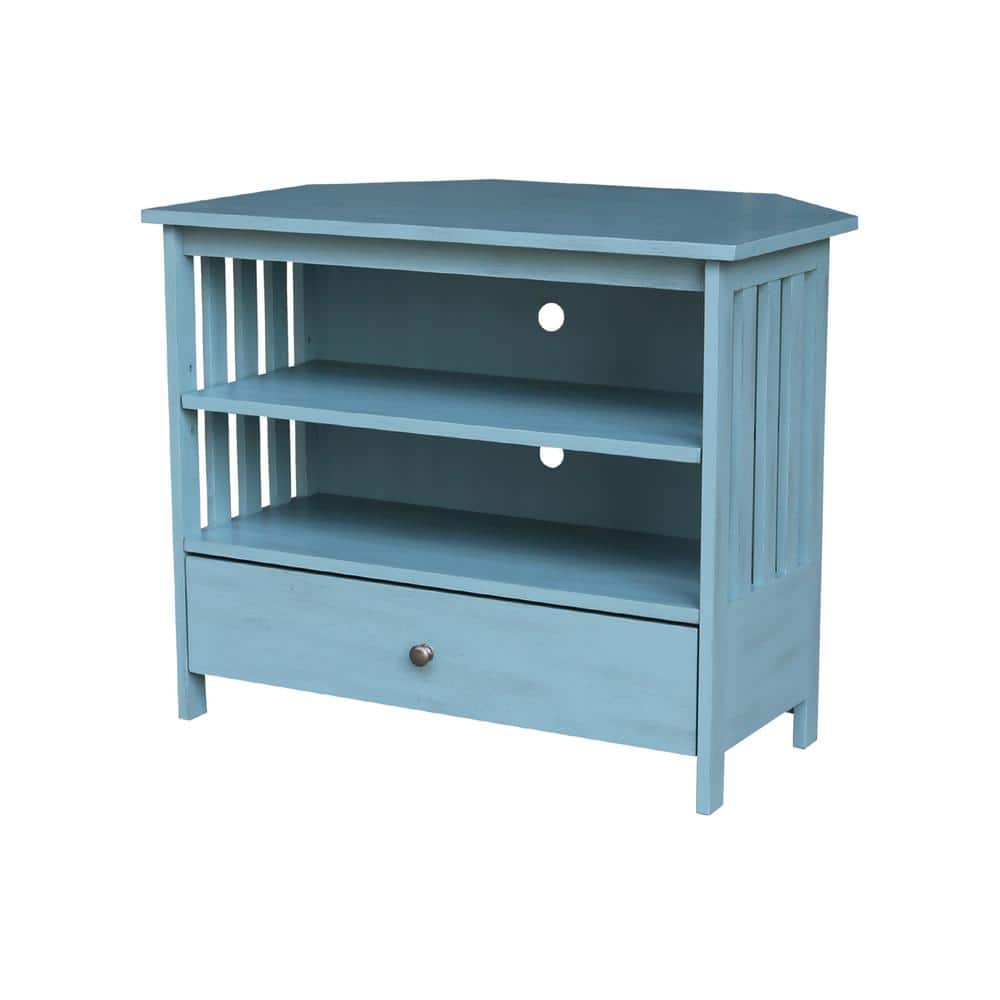 Ocean Blue Solid Parawood Corner TV Stand with Cabinet