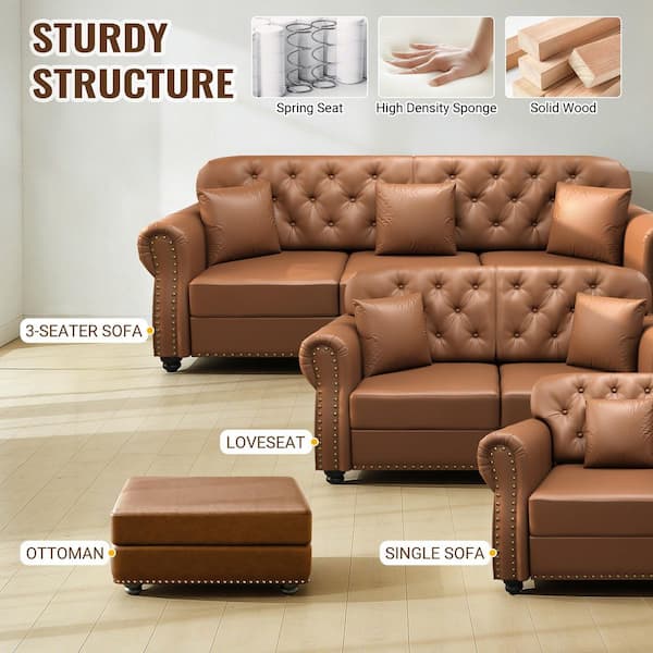 Polibi 63 in. Rolled Arm Faux Leather Sofa in Brown with Nailhead