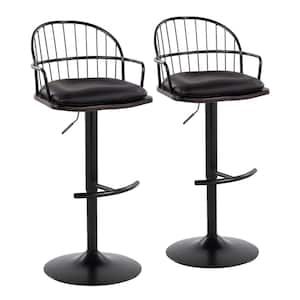 Riley 32.5 in. Black Faux Leather, Walnut Wood and Black Metal Adjustable Bar Stool with Arms (Set of 2)