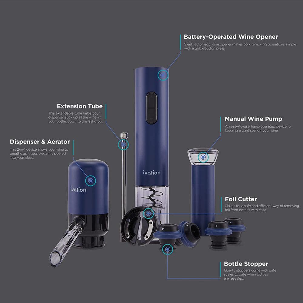 Ivation Blue Electric Wine Opener Set with Aerator and Preserver