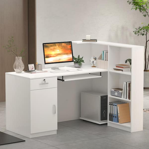 FUFU&GAGA 55.1 in. W x 43.3 in. H White Wooden L-Shaped Writing Desk, Reception Desk with 5-Shelves, A Drawer and A Keyboard