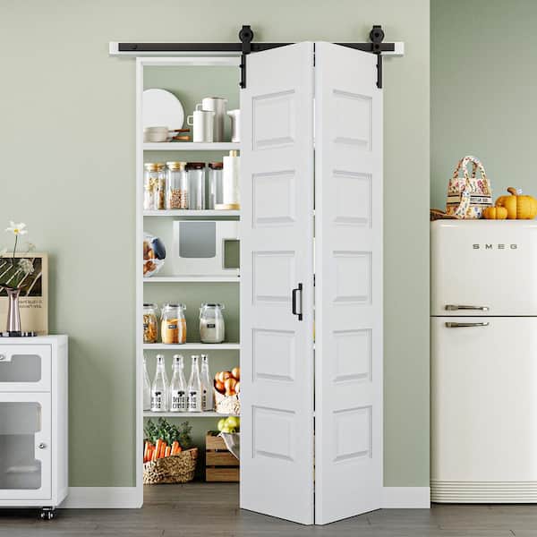 48 in. x 84 in. 5 Panel Bifold Closet Barn Door Save Space White Primed MDF Bi-Fold Sliding Barn Door with Hardware Kit