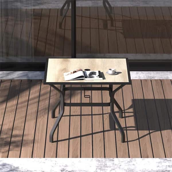 HOTEBIKE Patio Dining Table Outdoor Square Metal Table with Umbrella Hole and Wood-Look Tabletop