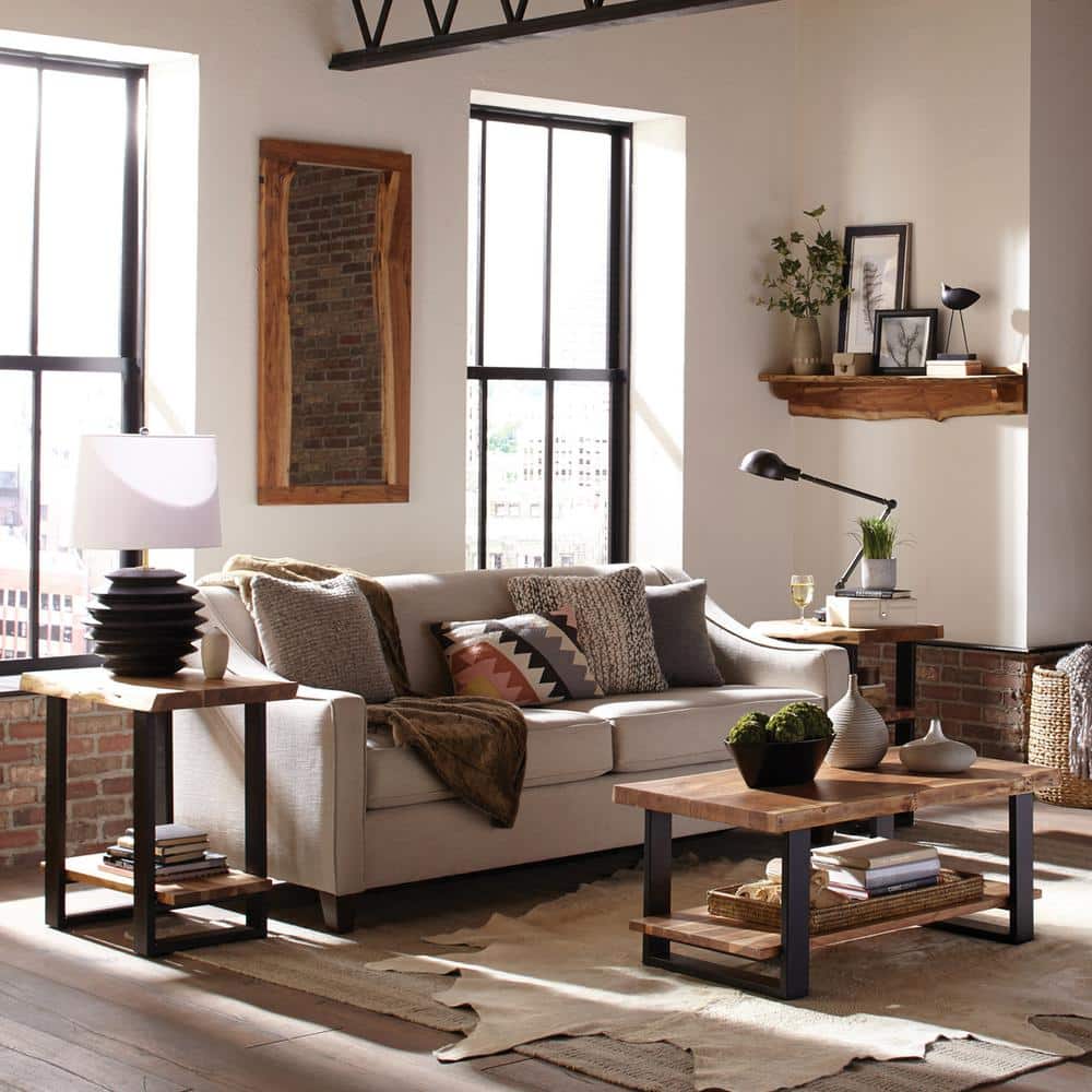 Alpine Natural Acacia Wood Live Edge End Table with Black Metal Legs