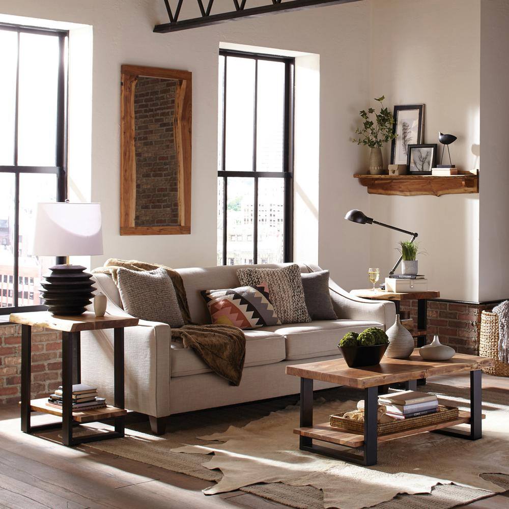 Alpine Natural Acacia Wood and Black Metal 2-Shelf End Table