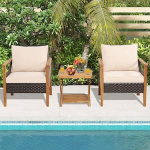 3PCS Wicker Patio Conversation Set Armchairs with 2-Tier Side Table Balcony and Natural Cushions