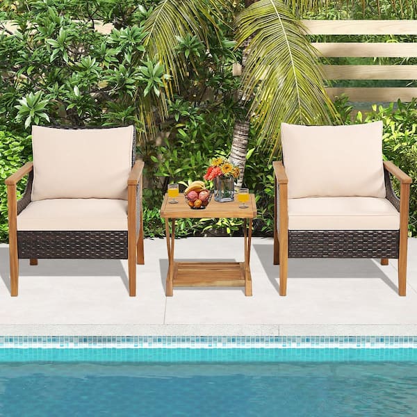3PCS Wicker Patio Conversation Set Armchairs with 2-Tier Side Table Balcony and Natural Cushions