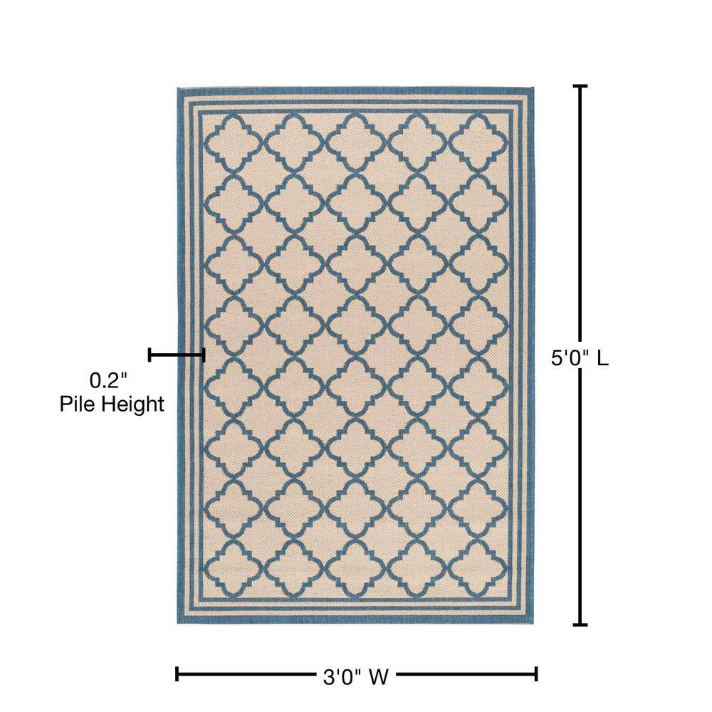 Cream and Blue Geometric Synthetic Indoor/Outdoor Area Rug