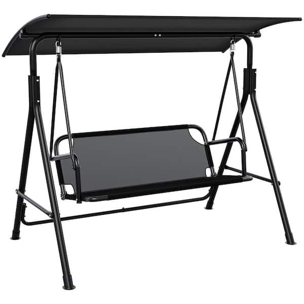 3 Person Porch Swing Black Metal Heavy Duty Outdoor Patio Swing Chair with Adjustable Canopy