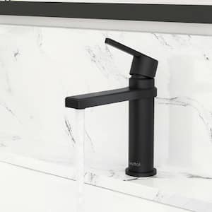 Single-Handle Single Hole Mid Arc Bathroom Faucet with Supply Lines in Spot Defense Matte Black