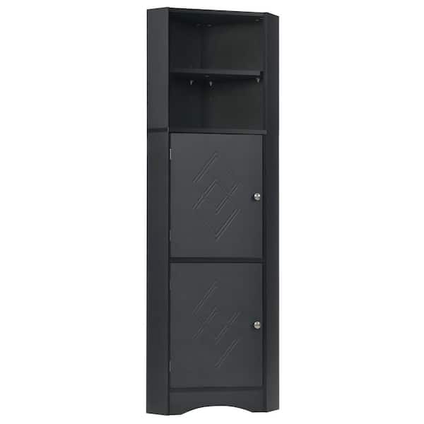 FUNKOL 15 in. L x 15 in. W x 61 in. H in Black Ready to Assemble High Bathroom Corner Cabinet, Freestanding Storage with Doors