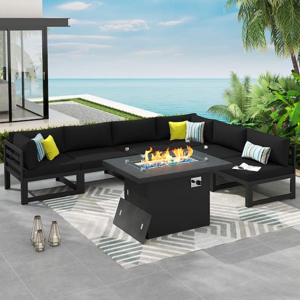 Unbranded 7-Piece Gray Aluminum Outdoor Conversation Set Deep Seating Patio Furniture with Fire Pit Table and Black Cushions