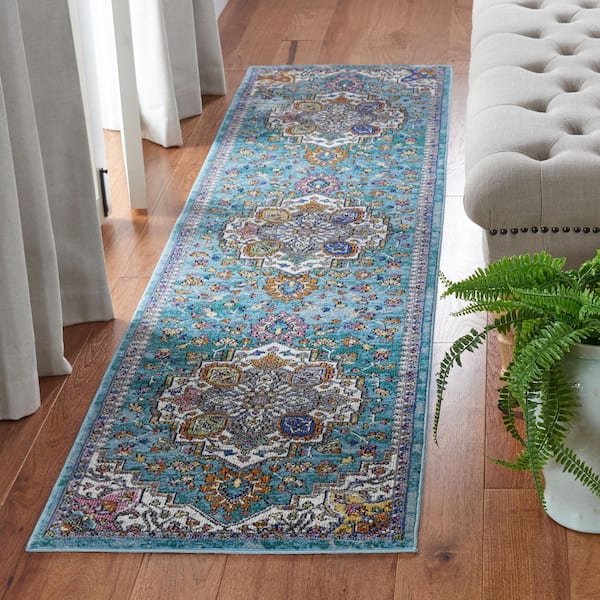 Aria 2 ft. x 8 ft. Turquoise/Ivory Border Floral Runner Rug