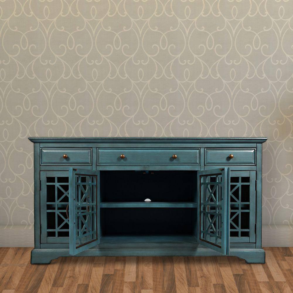 Antique Turquoise Acacia Wood TV Media Console with Glass Doors