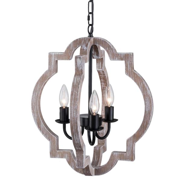 Simpol Home 3-Light Distressed Rustic Wood Bronze Farmhouse Chandelier Pendant Light Fixture for Dining Room Adjustable Chain Length