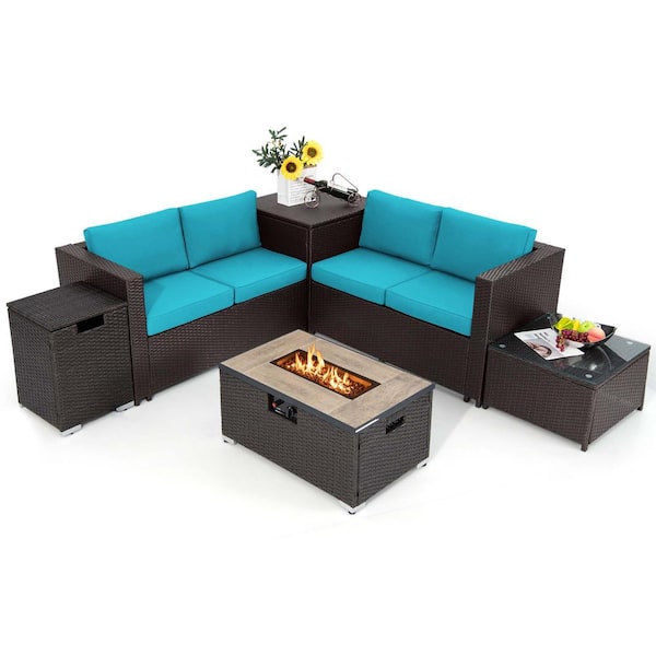 Costway 6-Pieces Wicker Patio Conversation Set 32 in. Fire Pit Table Tank Holder with Cover Turquoise Cushions
