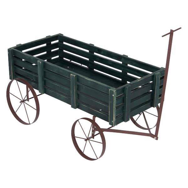 Shine Company 51.5 in. L Green Decorative Buckboard Wagon Planter, Cedar Wood Classic Buckboard Amish Wagon Garden Planter