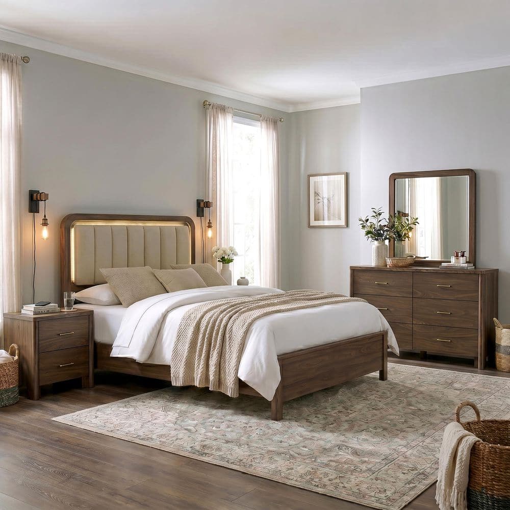 Obie 4-Piece Walnut Upholstered King Panel Bedroom Set with Nightstand and Dresser/Mirror price history on PriceWatchPro