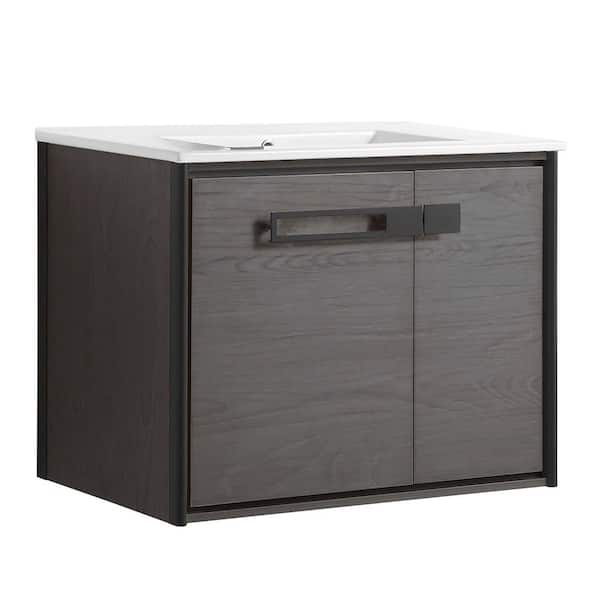 FINE FIXTURES Oakville 30 in. W x 18 in. D x 23.25 in. H Wall Mounted Bathroom Vanity in Black Coal Oak with White Ceramic Sink Top