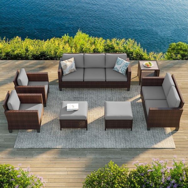 7-Pieces Patio Conversation Set with Side Table, Loveseat Sofa and Ottomans Brown Wicker with Gray Cushions