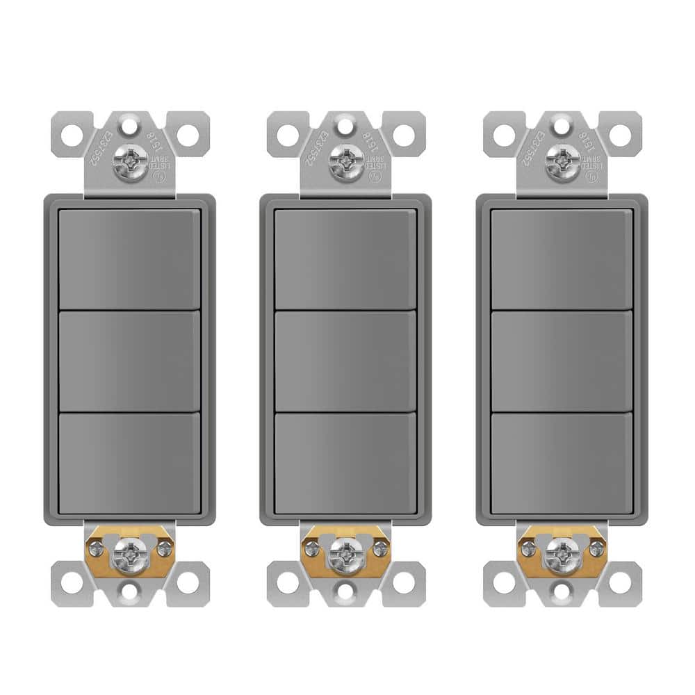ENERLITES 15 Amp 120-Volt to 277-Volt Triple Paddle Rocker Decorator Light  Switch, Single Pole, Residential Grade in Gray (3-Pack) 62755-GY-3PCS - The  