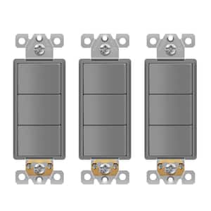 15 Amp 120-Volt to 277-Volt Triple Paddle Rocker Decorator Light Switch, Single Pole, Residential Grade in Gray (3-Pack)