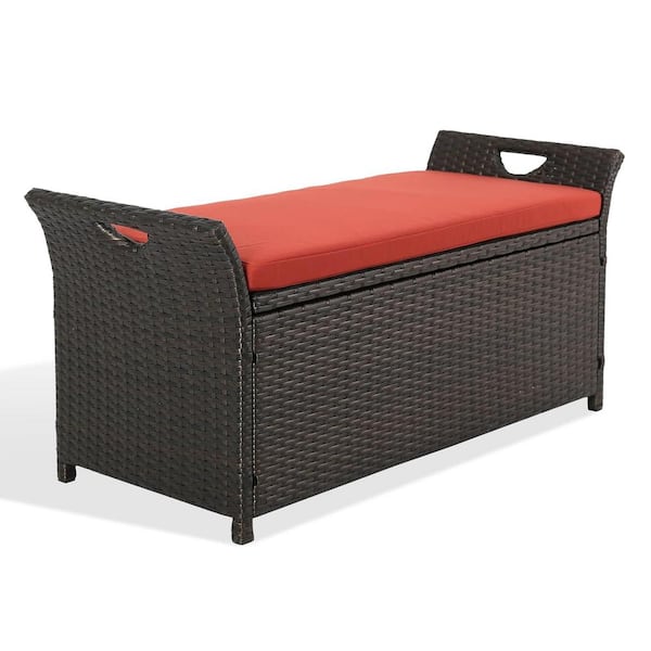 51 Gal. Brown Rattan Outdoor Storage Bench Deck Box with Red Cushion