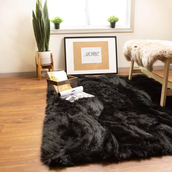 Super Area Rugs Serene Silky Faux Fur, Black Faux Fur Living Room Rug