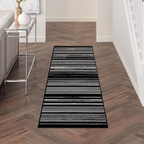 Grafix Black White 2 ft. x 8 ft. Abstract Contemporary Runner Area Rug