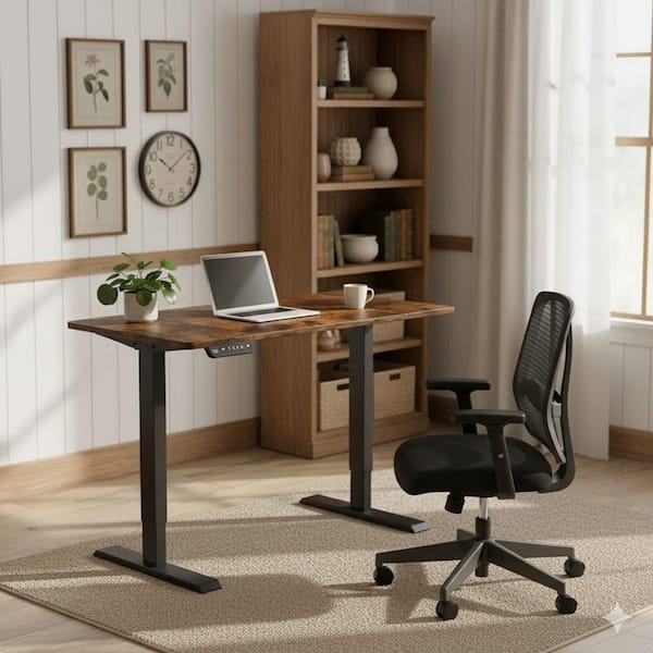 YDK 48 in. Chestnut Brown Rectangular Height Adjustable Standing Desk with Built-in USB and Metal T-Base