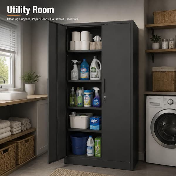 Clihome Black 72 in. 2-Door Garage Storage Office Cabinet with
