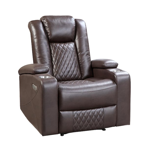 Lazzara Briscoe Dark Brown Faux Leather Power Recliner with Power Headrest, Cup holders and Storage Arms