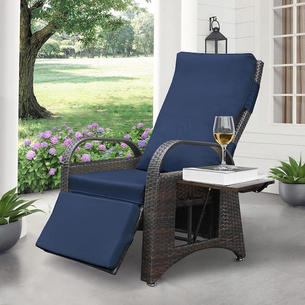 AUTMOON Outdoor PE Wicker Adjustable Reclining Lounge Chair with Navy Blue Cushion