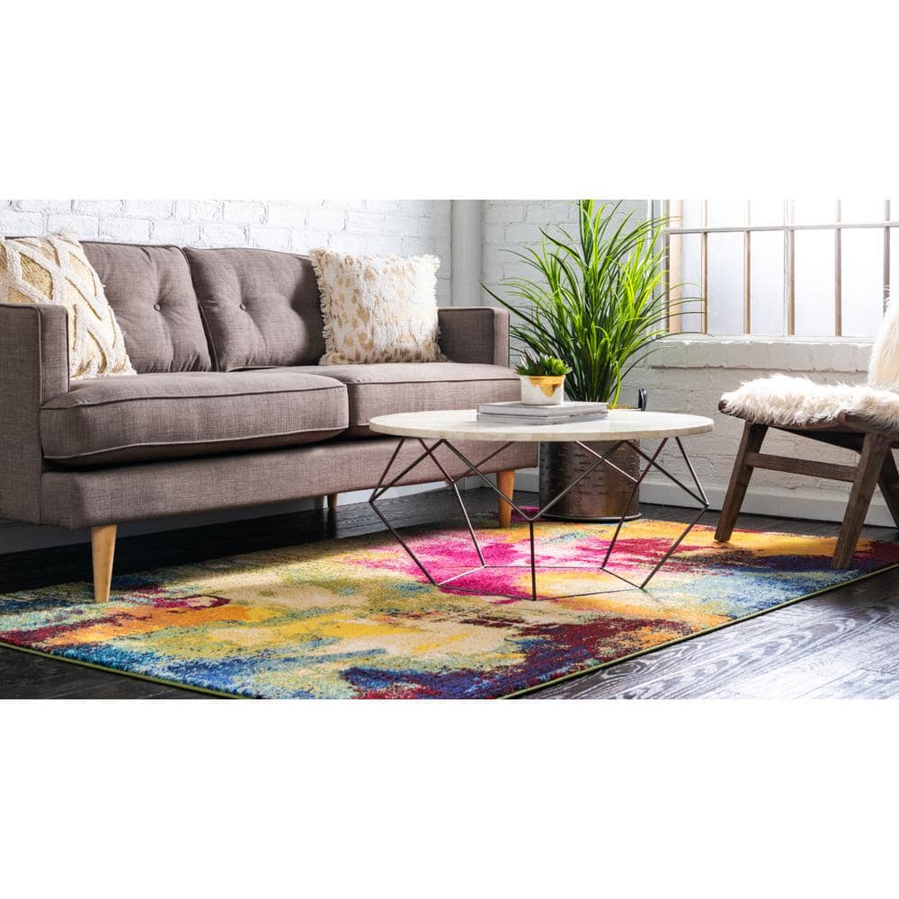 Light Blue Abstract Easy-Care Rectangular Synthetic Rug