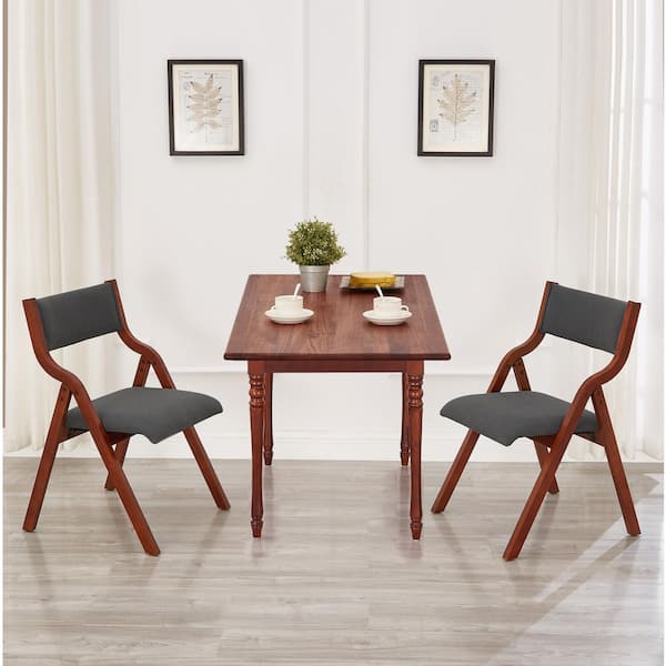 Noble House Gabriel Modern Dawn Gray and Cherry Fabric Upholstered Folding Dining Chair, Solid Wood Frame (Set of 2)