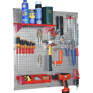 32 in. x 32 in. Shiny Metallic Galvanized Steel Pegboard Utility Tool Storage Kit with Red Accessories