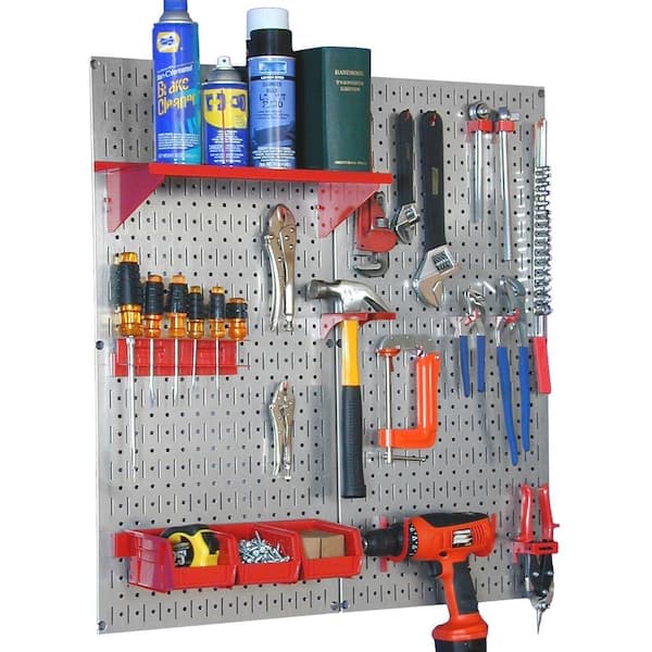 Wall Control 32 in. x 32 in. Shiny Metallic Galvanized Steel Pegboard Utility Tool Storage Kit with Red Accessories