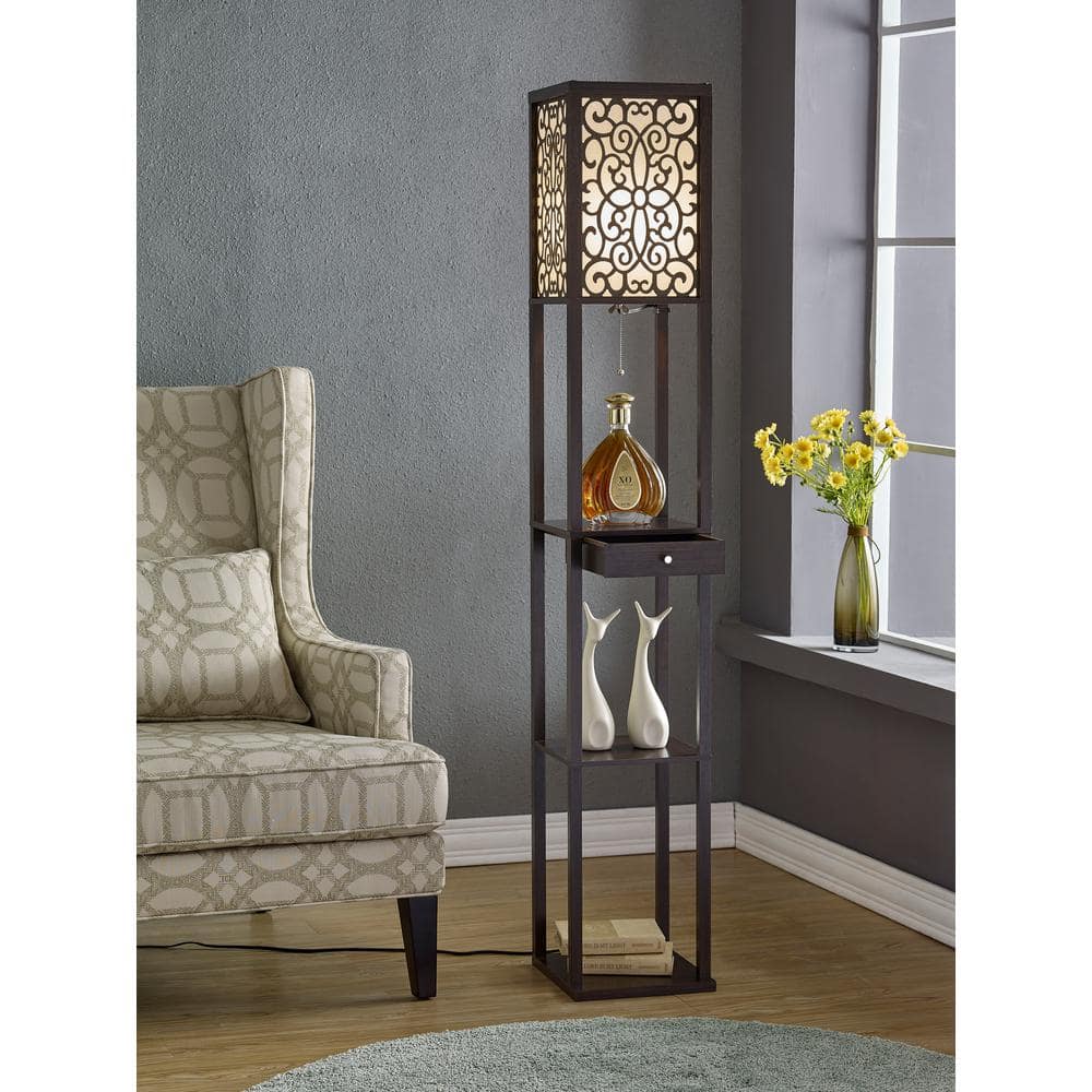 Etagere 63" White Floor Lamp with Shelf and Floral Shade