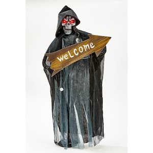 31 in. Light Up Standing Reaper Halloween Prop with Welcome Sign
