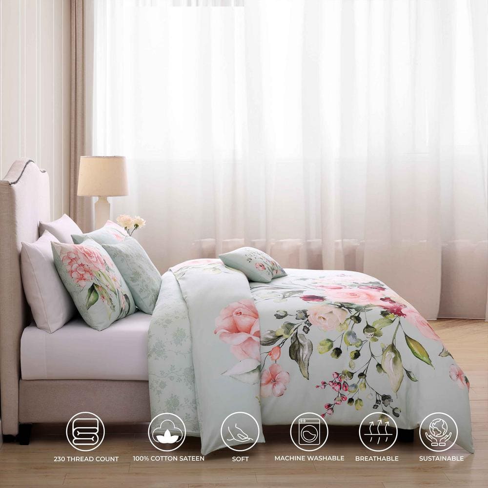 Queen Misty Green Cotton Reversible Floral Comforter Set