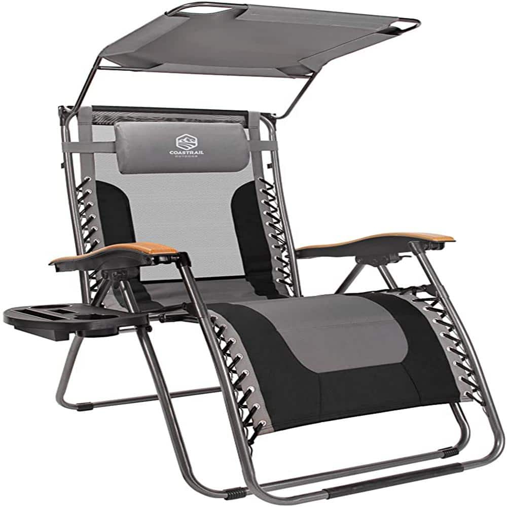 Zero Gravity Outdoor Black and Grey Reclining Lounge Chair with Sun Shade, 