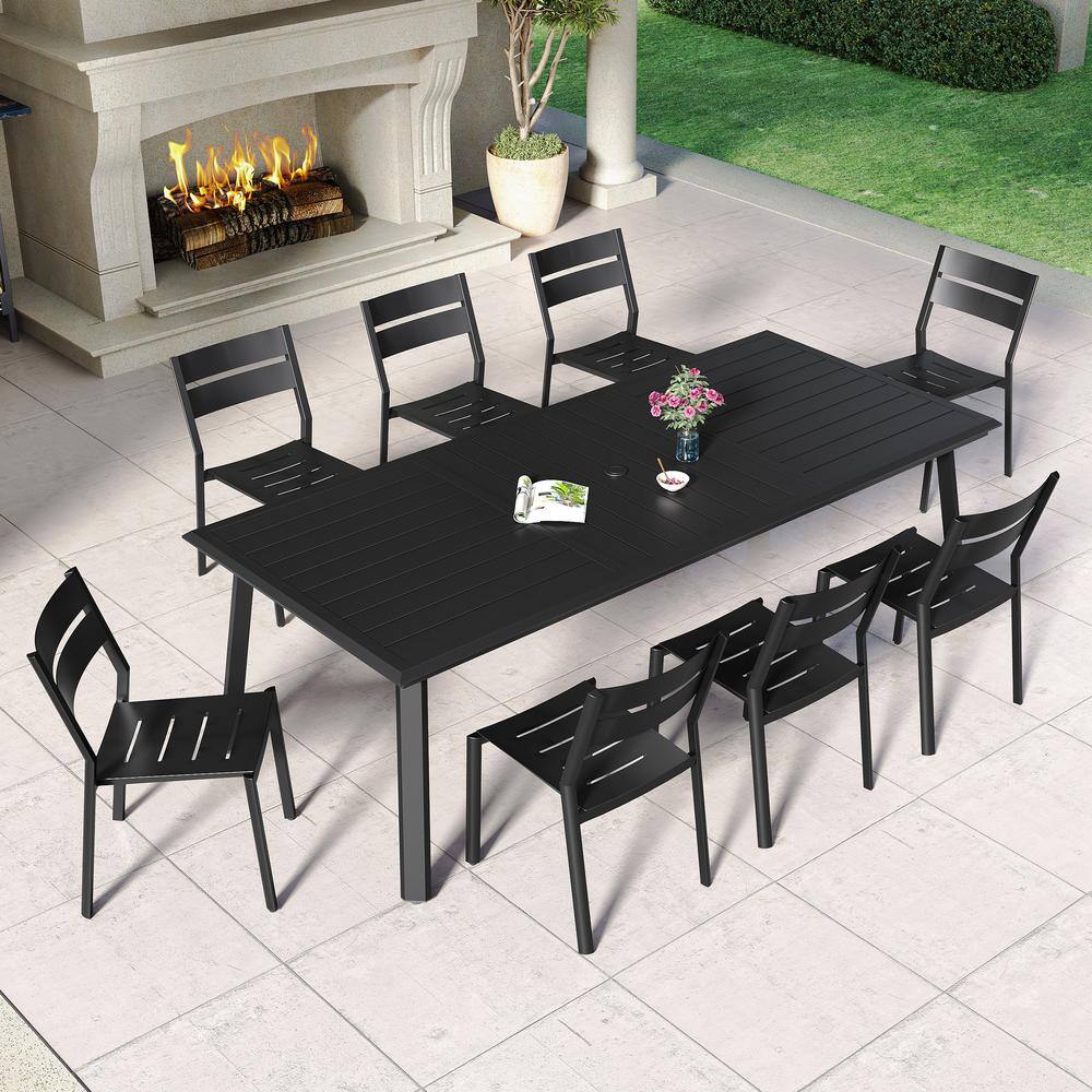 Black 9-Piece Aluminum Outdoor Dining Set with Umbrella Hole, 94 in. Table and Stackable Chairs price history on PriceWatchPro