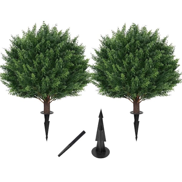 Artificial Cypress Topiary Tree with Ground Spike Set of 2 Artificial Shrub Bushes Fake Evergreen Tree for Porch 7 in. H