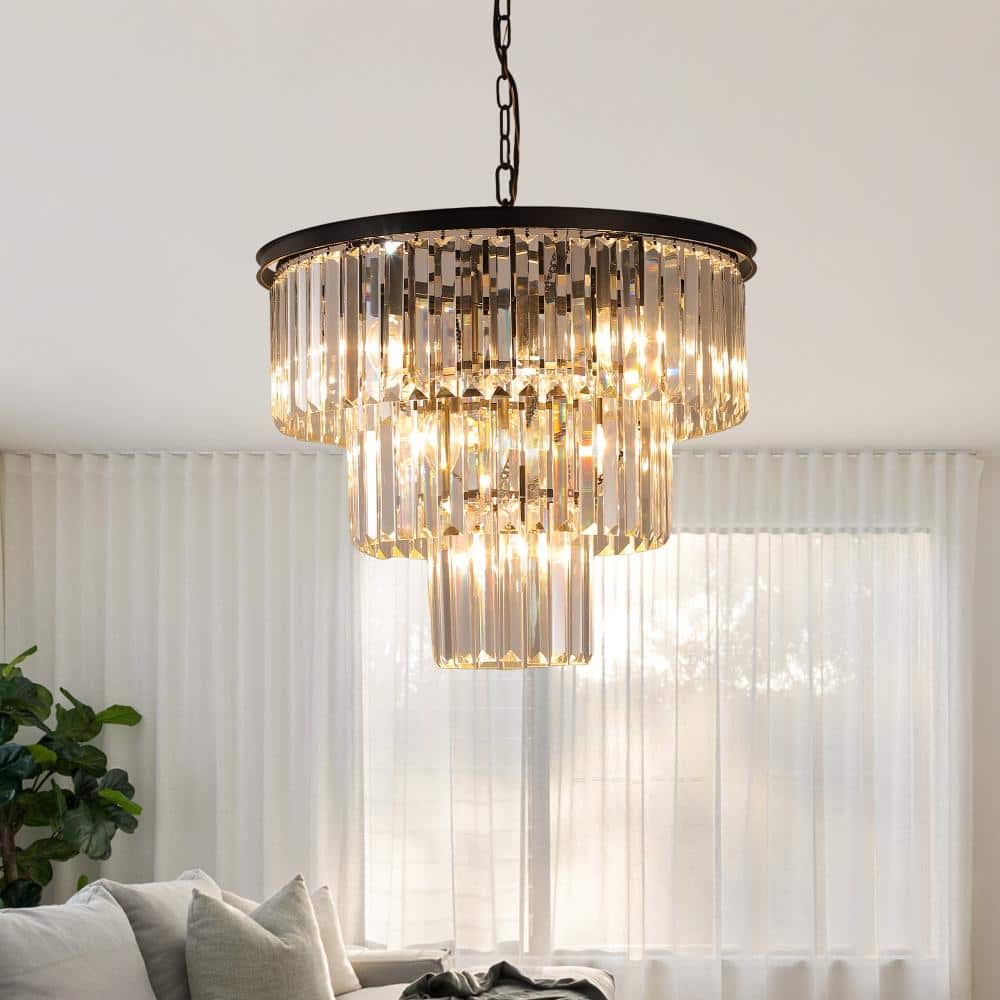 GMGSROM 20 in. 7-Light Modern Matte Black 3-Tier Round Crystal