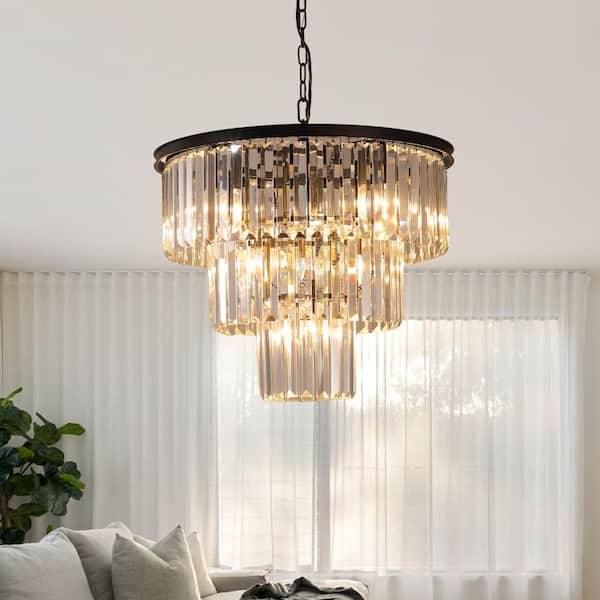 GMGSROM 20 in. 7-Light Modern Matte Black 3-Tier Round Crystal