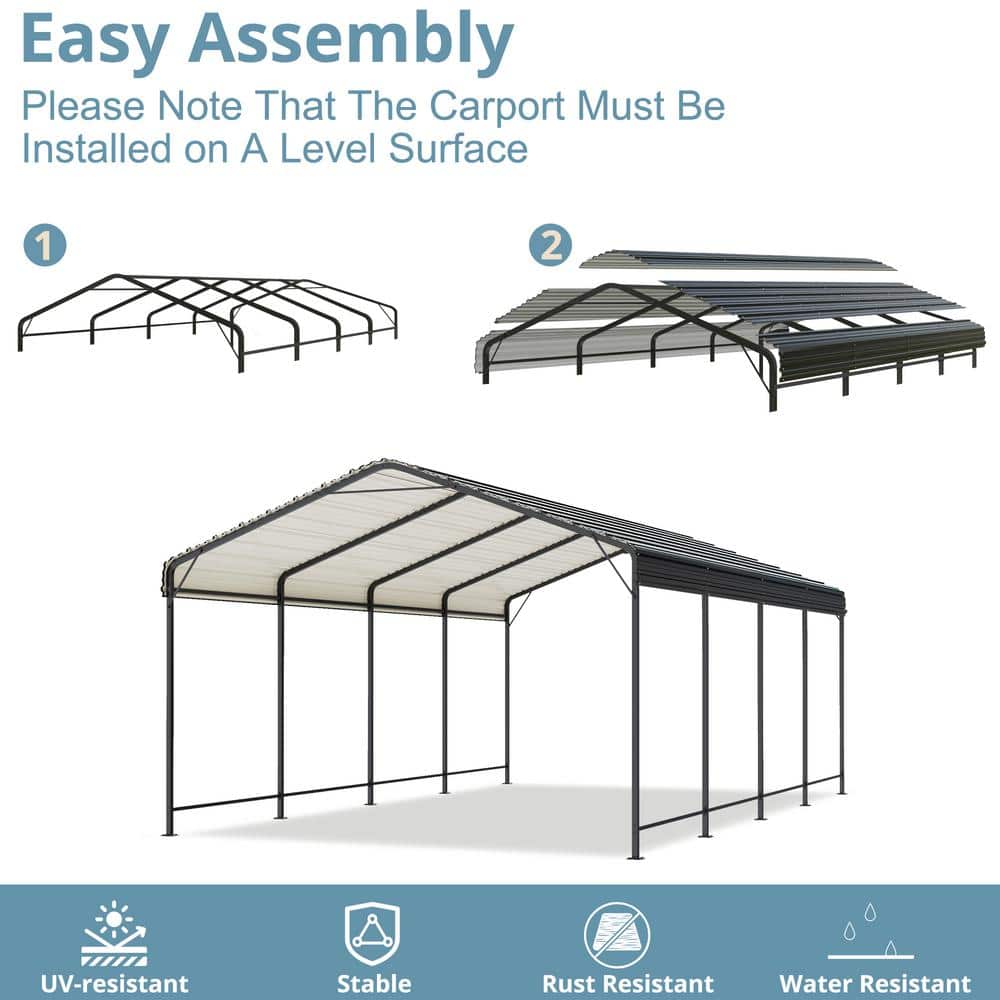 12' x 20' Black Metal Single Car Carport