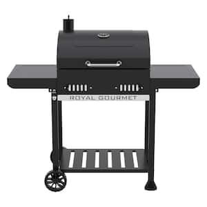 24-Inch Movable Charcoal Grill in Black, 2 Foldable Side Shelves, 2-Level Height-adjustable Charcoal Pan