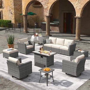 Bexley Gray 10-Piece Wicker Rectangle Fire Pit Patio Conversation Set with Fine-Stripe Beige Cushions and Swivel Chairs