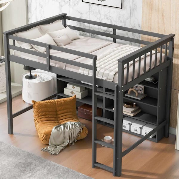 Polibi Twin Size Loft Bed with 8 Open Storage Shelves and Built-in Ladder, Gary