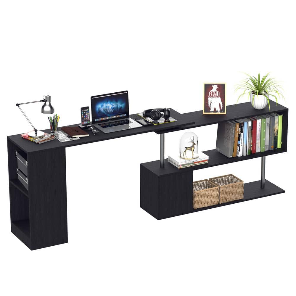 Black Engineered Wood Rotating L-Shaped Corner Writing Desk